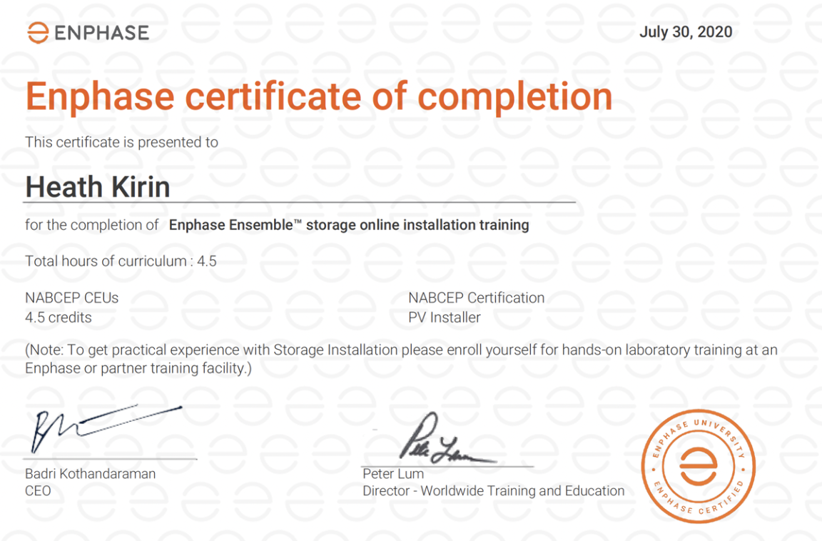 Enphase Storage Installation Certification Assessment Certification